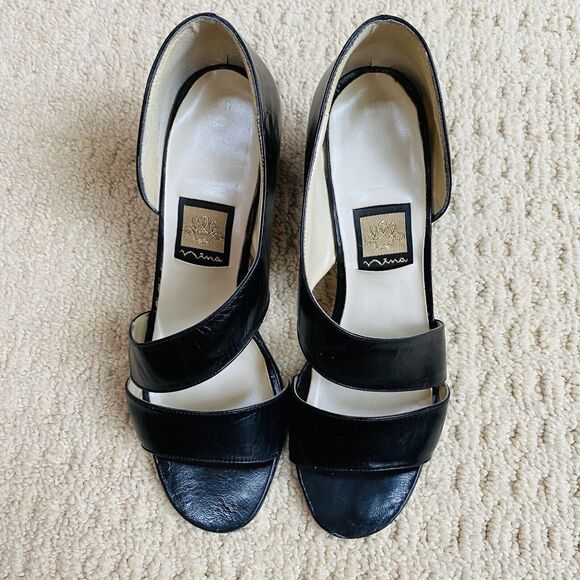Vintage Nina Black Leather Slip On Shoes Unique D'Orsay Mid Heel Dressy Y2K 90's - Picture 7 of 11